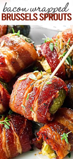 bacon wrapped brussel sprouts on a white plate with text overlay