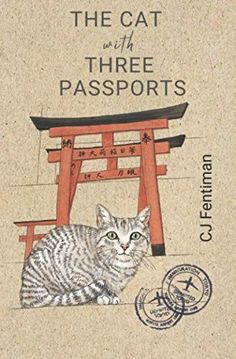 a cat sitting on top of a wooden chair next to a stamp with the words,'the cat with three passports '