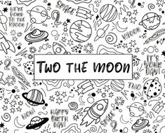 two the moon coloring page with space and stars in black and white, on a white background