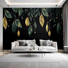 a black and white living room with gold leaves on the wall, two couches and a coffee table