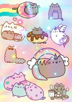 many different kinds of cats and unicorns on a holographic background with rainbow colors