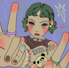 a drawing of a girl with green hair and piercings holding up her peace sign