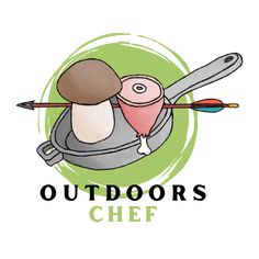 the logo for outdoors chef with an image of two birds in a frying pan