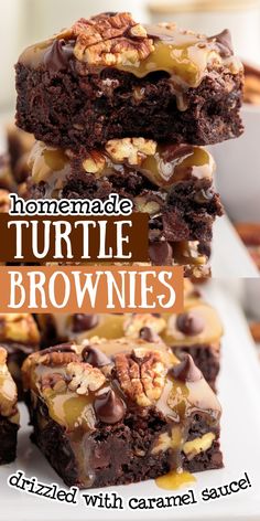 chocolate turtle brownies stacked with caramel sauce