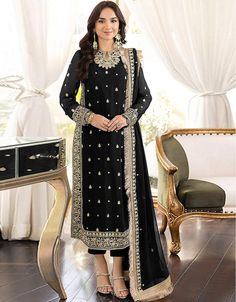 Radiate elegance with our Designer Party Wear Faux Georgette Pakistani Suit in Black! 🖤 Elevate your style with this stunning ensemble that exudes grace and allure. Make a statement with this chic Pakistani suit. 💃 #ArabicAttire #PakistaniSuits #DesignerPartyWear Luxury Black Designer Wear Unstitched Suit, Luxury Elegant Black Lawn Suit, Luxury Black Fitted Lawn Suit, Fitted Black Set For Costume Party, Fitted Black Sets For Costume Party, Black Fitted Costume Party Set, Festive Embellished Black Sets, Traditional Party Sets For Fall, Traditional Fall Party Sets