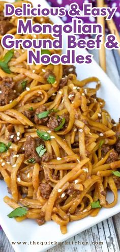 beef and egg noodles on a white plate with text overlay that reads delicious & easy mongolian ground beef & noodles