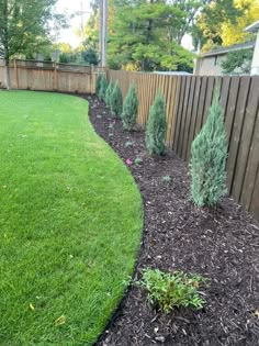 a backyard with green grass and trees in the back yard, next to a wooden fence