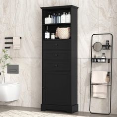 a bathroom with a black cabinet and white sink