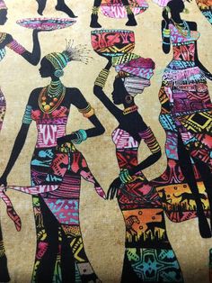 an image of african women in different colors and patterns on a piece of cloth that has been made to look like they are dancing