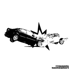 two cars colliding over each other with an arrow pointing to the top and bottom