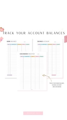 a pink and white checkbook with the words track your account balances