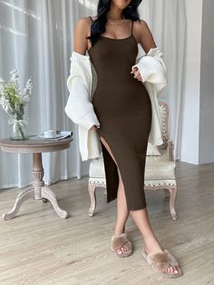 Solid Color Split Hem Cami Bodycon Dress Brown Casual,Sexy  Sleeveless Fabric Plain Cami High Stretch  Women Clothing, size features are:Bust: ,Length: ,Sleeve Length: Brown Bodycon Dress, Split Thigh Dress, Spaghetti Strap Bodycon Dress, Royal Blue Dresses, Women Midi, Slim Dresses, Tiered Dress, Kids Beachwear, Cami Dress