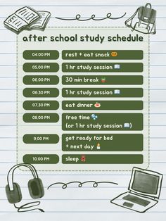 an advertisement for a school study schedule with headphones and laptops on lined paper