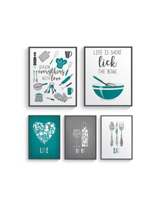 four framed art pieces with kitchen related items on them, one is teal and the other is gray