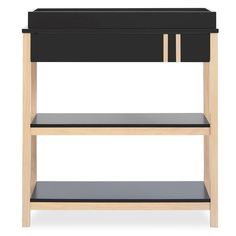 a black and wood shelf with two shelves on each side, against a white background