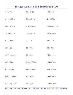 Adding and Subtracting Mixed Integers from -99 to 99 (75 Questions) (A)