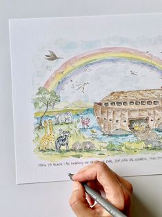 a drawing of a noah ark with animals and a rainbow in the sky above it