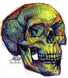 a drawing of a skull with colored lines