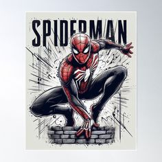 a spider man poster with the words spiderman on it's chest and arms outstretched