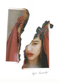 an image of a woman's face through a torn piece of paper that has been cut in half