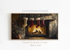 a fireplace with stockings hanging from it's mantle