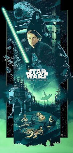 the poster for star wars is shown in green and black