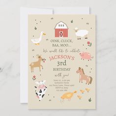 a pink birthday card with farm animals on it