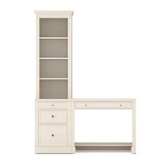 a white desk and bookcase with drawers on each side, against a white background