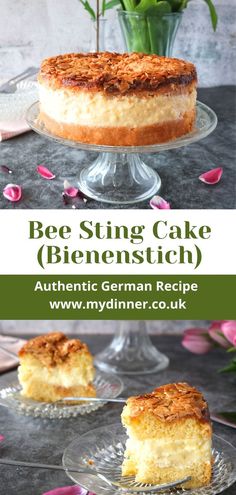 Cake on Cake stand. Two slices of Cake. Bee Sting Cake Recipe Easy, Bee Sting Cake Recipe, German Bee Sting Cake, Bienenstich Recipe, Pan Desserts, Bee Sting Cake, German Dishes, German Food Authentic, German Cooking