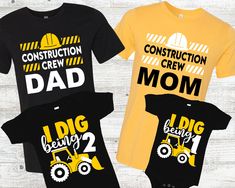 Construction Crew Birthday Shirts for Birthday Boy's Family  Processing of your order takes 4-9 business days, then shipping is First Class so allow another 3-6 business days.  For the Adult Shirts - Black Shirts are Gildan brand, Yellow shirts are Bella + Canvas brand - so please refer to the correct size chart before ordering.  Don't see the name you are looking for? I can make it for you! Please read then purchase the Personalization fee: https://www.etsy.com/listing/962838250/personalization Digging Being 3, Im Digging Being 1 Birthday, Digging 2 Birthday, Construction Theme Birthday Party Shirts, I’m Digging Being 2 Birthday, I’m Digging Being 2 Birthday Decor, Birthday Second, Manager Table, Black Shirts