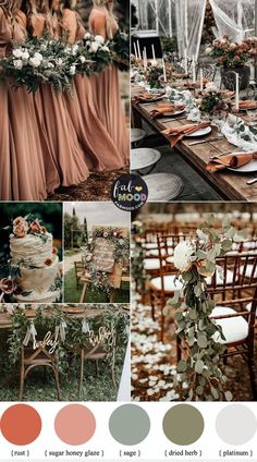 a collage of photos with different wedding colors and decorations on them, including flowers