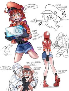 some cartoon character sketches with different expressions and characters in the same image, including one woman holding