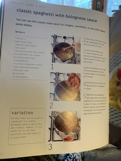 an open cookbook with instructions on how to make spaghetti and sauces in it