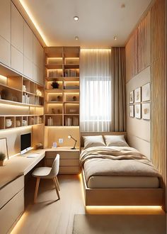 a modern bedroom with built in shelving and desks is lit up by recessed lighting