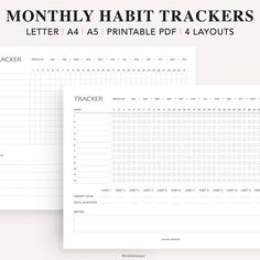 two printable habit trackers with the text, month to page and numbers on them