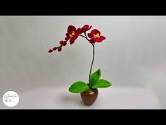 a red flower in a brown vase with green leaves