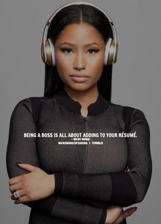 a woman wearing headphones with her arms crossed and the words being a boss is all about adding to your resume