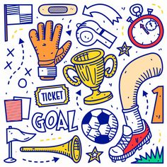 a poster with various sports related items on it, including gloves and a trophy in the center