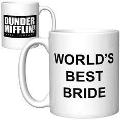 two white coffee mugs with the words world's best bride on them