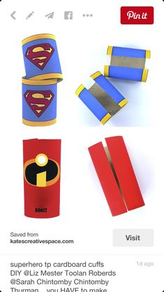 four different types of crafts made out of toilet paper and cardboard tubes with superman logos on them