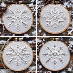 four pictures of snowflakes in white embroidery on wooden hoop with pine cones and needles