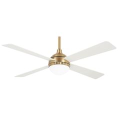 a ceiling fan with two white blades and a light fixture on the top of it