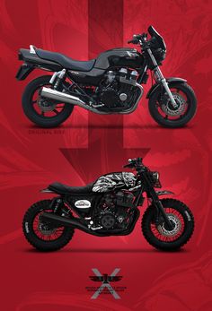 three different views of a motorcycle on a red and black background with the words x