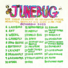 a poster with the words june bug written in different colors and sizes on white paper