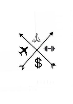 an arrow, dollar sign, and airplane are depicted in this black and white photo