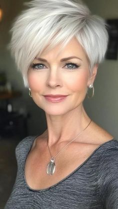 Short Hairstyles For Glasses, Very Short Bob With Bangs For Fine Hair, Asymmetric Pixie Haircut, Short Stacked Pixie Haircut, White Hair Pixie Cut, Fancy Pixie Hairstyles, Short Curly Grey Hair Over 50 Gray Hairstyles, Women's Short Hairstyle, Pixies For Round Faces