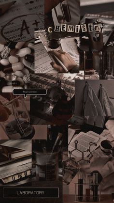 a collage of various objects including books, papers, and other things in black and white