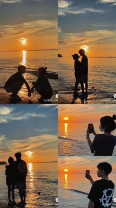 people standing on the beach at sunset with their arms around each other and taking pictures