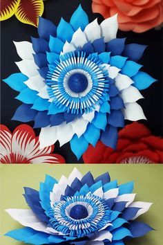 paper flowers are shown in three different colors