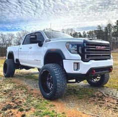 a white truck parked on top of a grass covered field with trees in the background